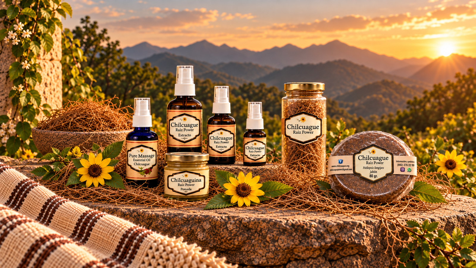 Productos Chilcuague Raíz Power en un paisaje de la Sierra Gorda